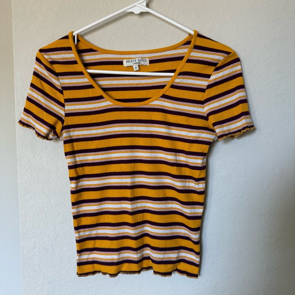 Brave Soul Yellow, White, Tan & Burgundy Lettuce Hem Cropped Top